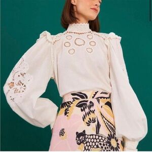 FARM Rio White Mock Neck Romantic Embroidered Lace Boho Blouse